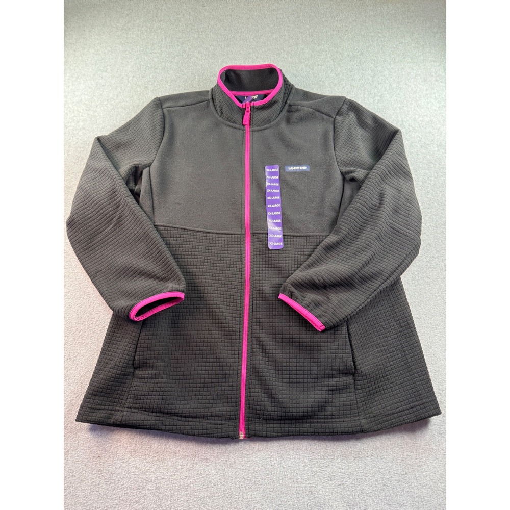 Lands End Womens XXL Gray Pink Grid Fleece Full Zip Jacket NWT RN 62830